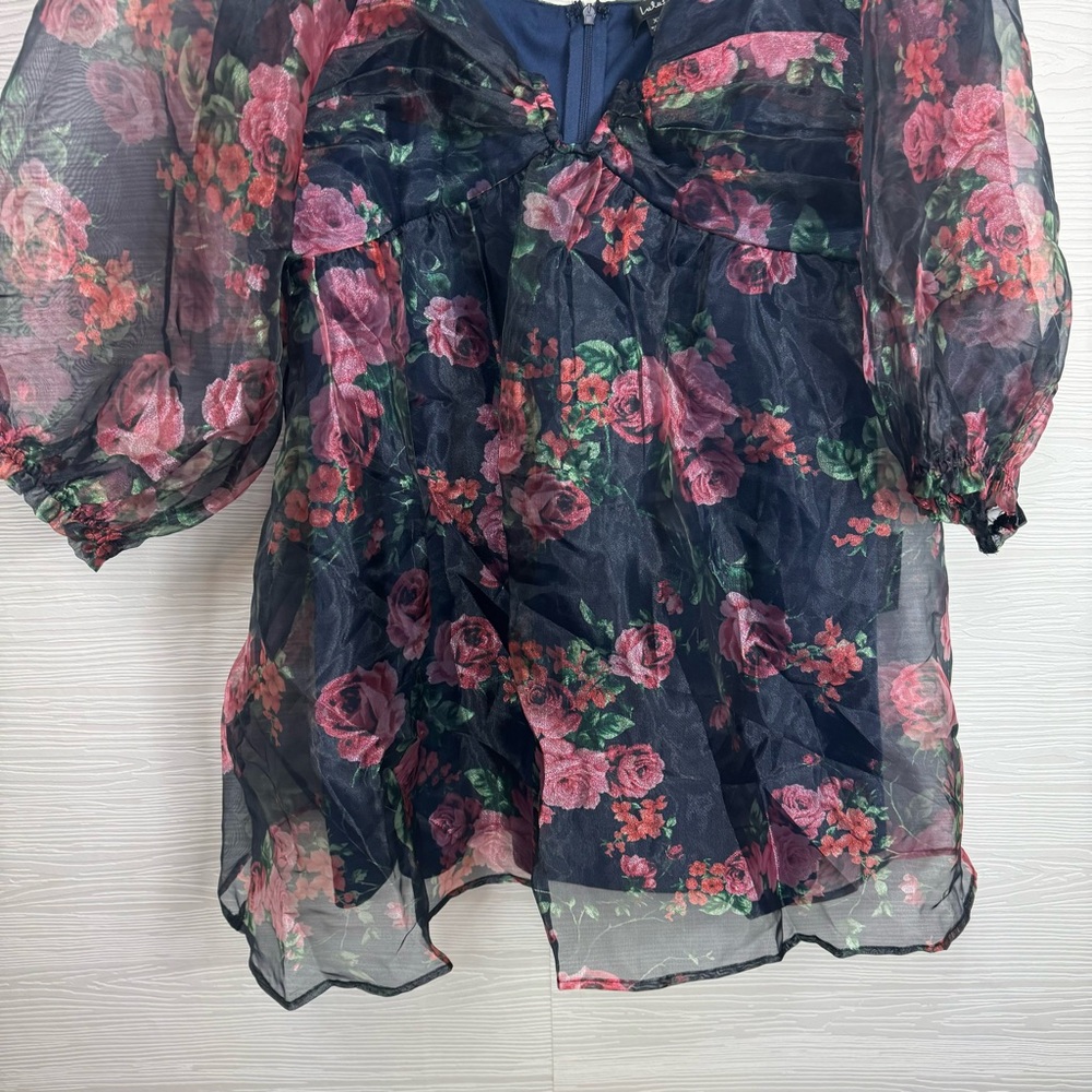 Lulus‎ Sweetly Flirty Navy Blue Floral Organza Puff Sleeve Mini Dress - Picture 5 of 8